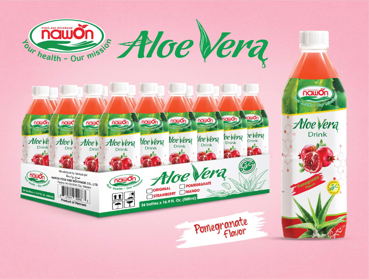 Bottle nfc aloe vera drink with pomegranate flavor 500ml packing 24 bottles carton