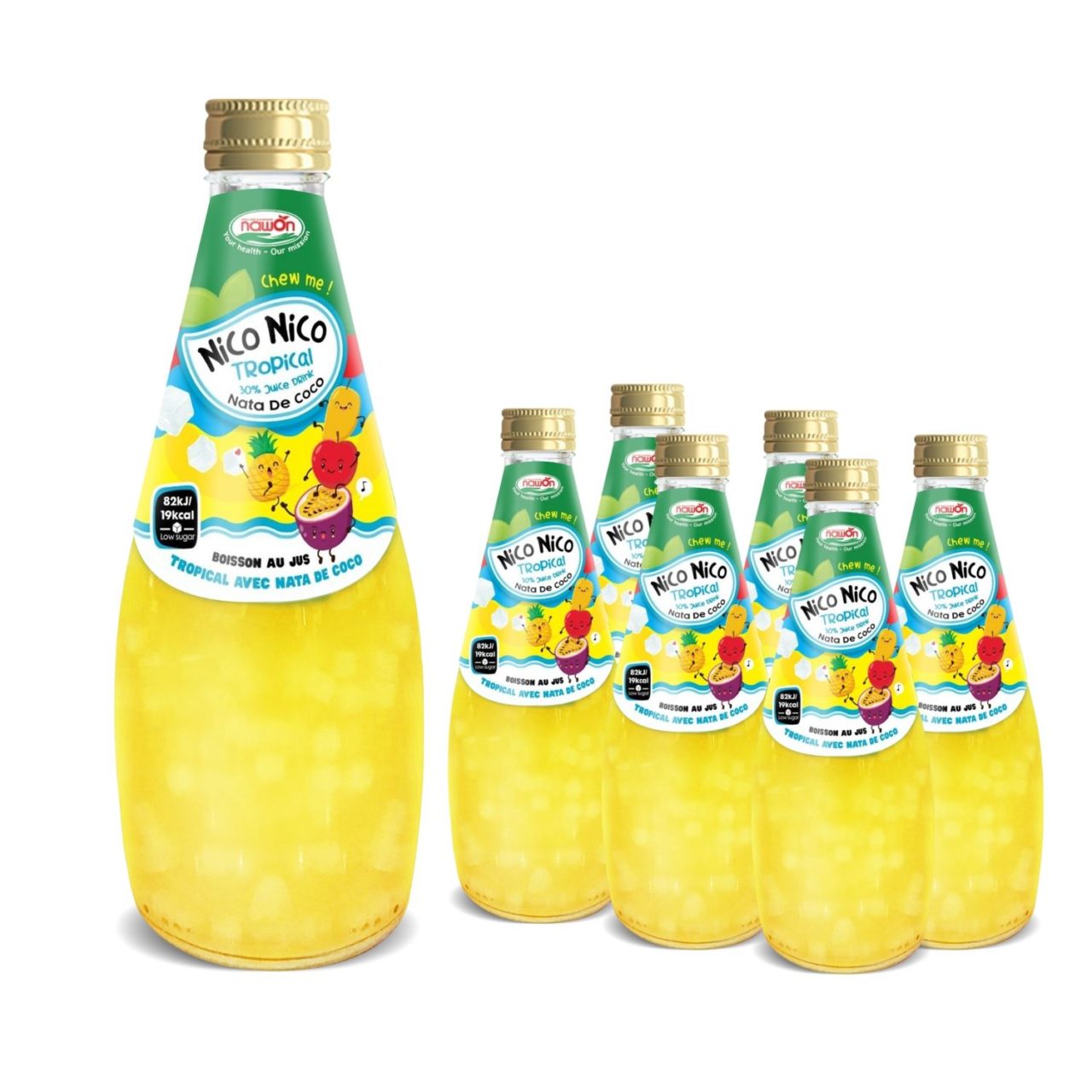 290ml nawon nata de coco juice drink in glass bottle fruit juice