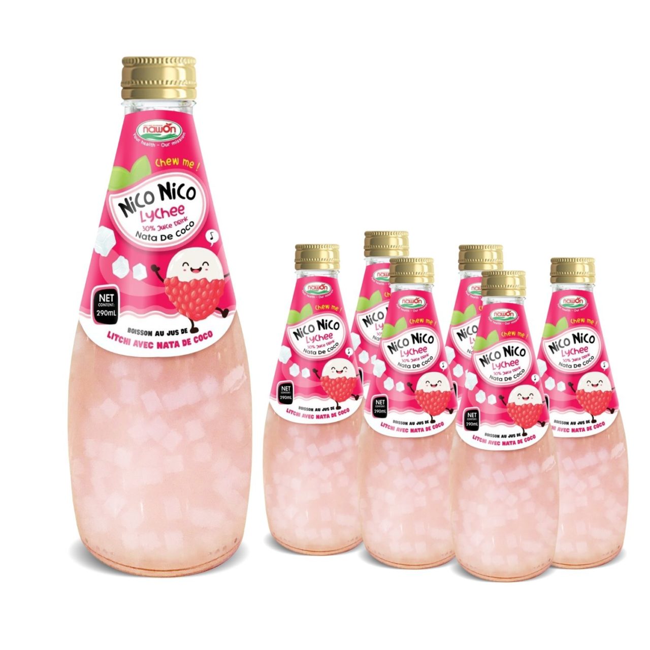 290ml nawon nata de coco juice drink in glass bottle lychee juice