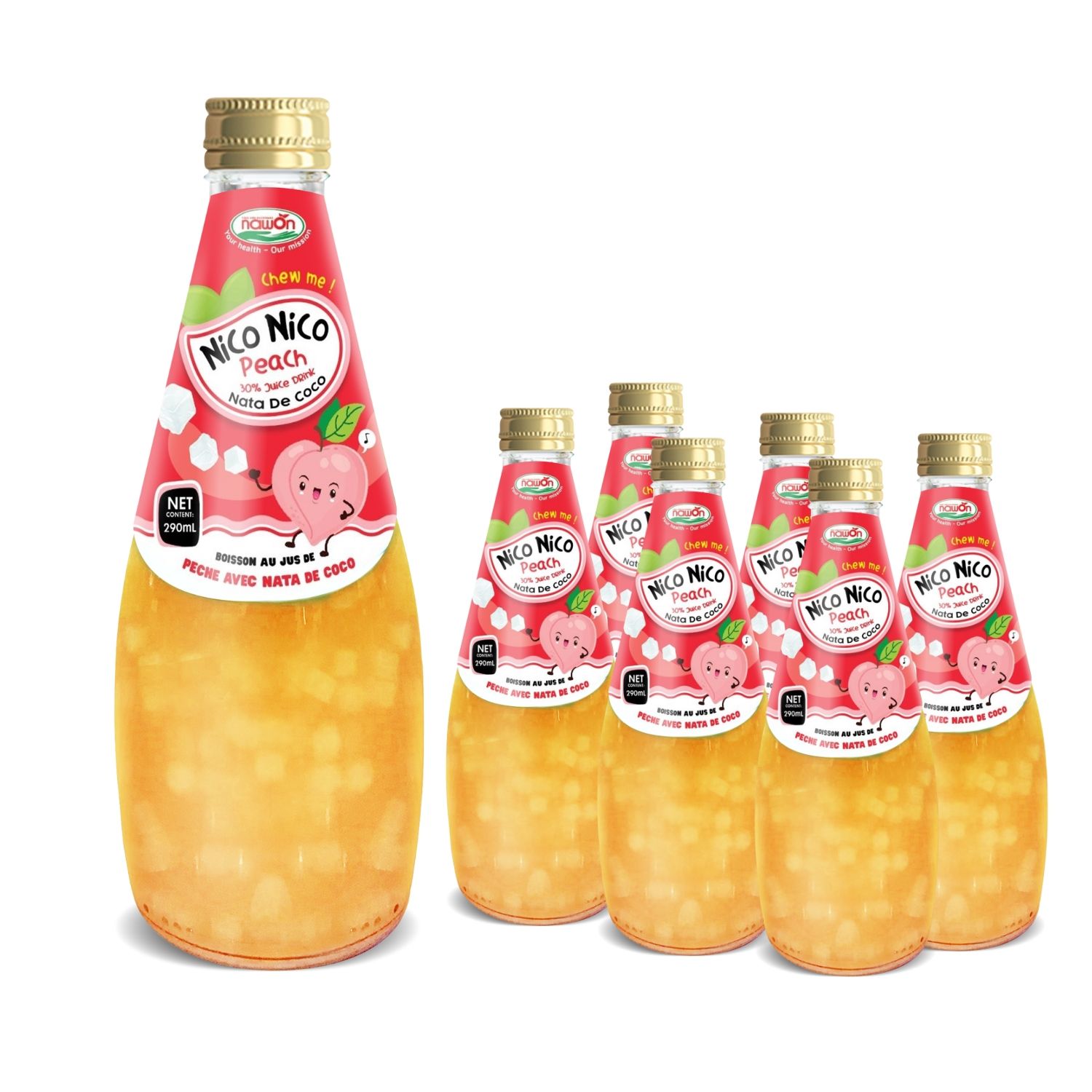 290ml nawon nata de coco juice drink in glass bottle peach juice