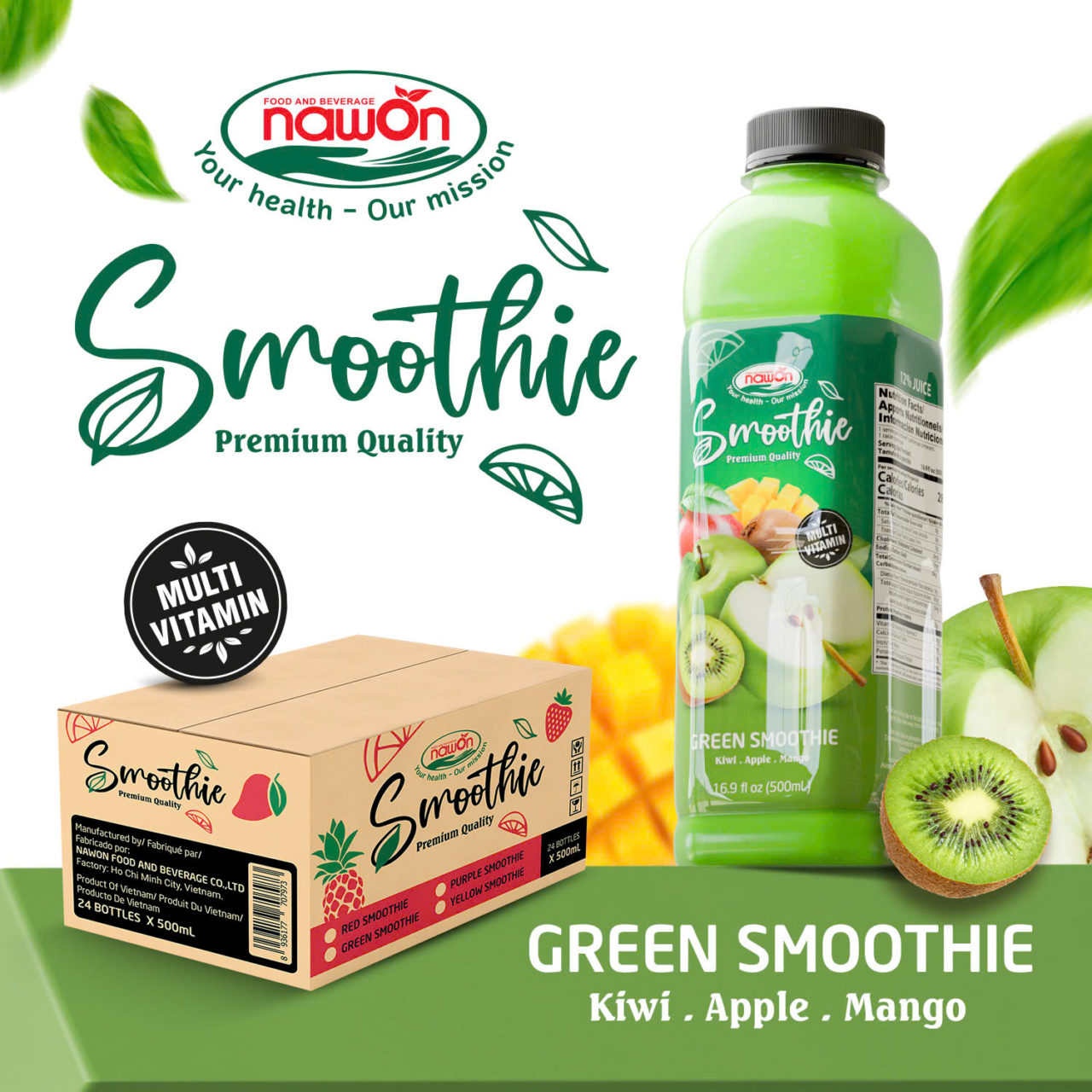 Pet bottle 500 ml 16 9 fl oz green smoothie drink with kiwi green apple and mango