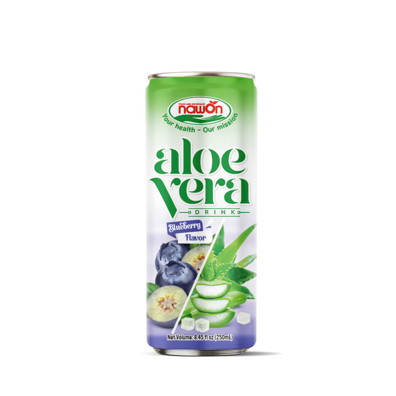 Canned 8 45 fl oz 250 ml aloe vera drink with blueberry flavor