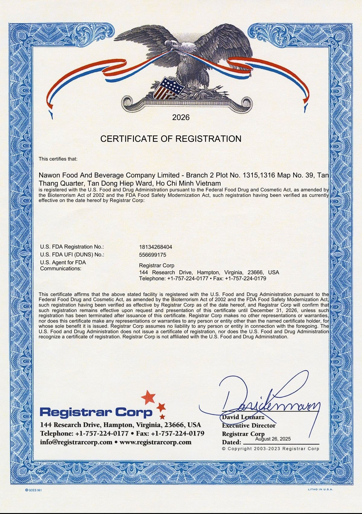 CERTIFICATE FDA 2026 NAWON F&B