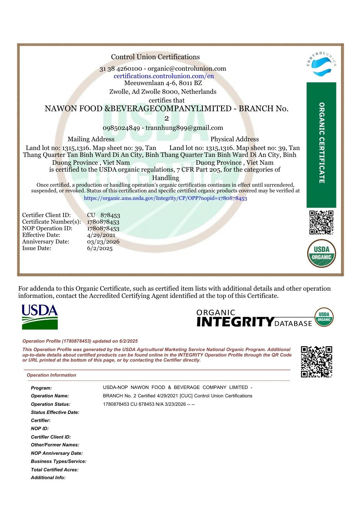CERTIFICATE ORGANIC USDA NOP